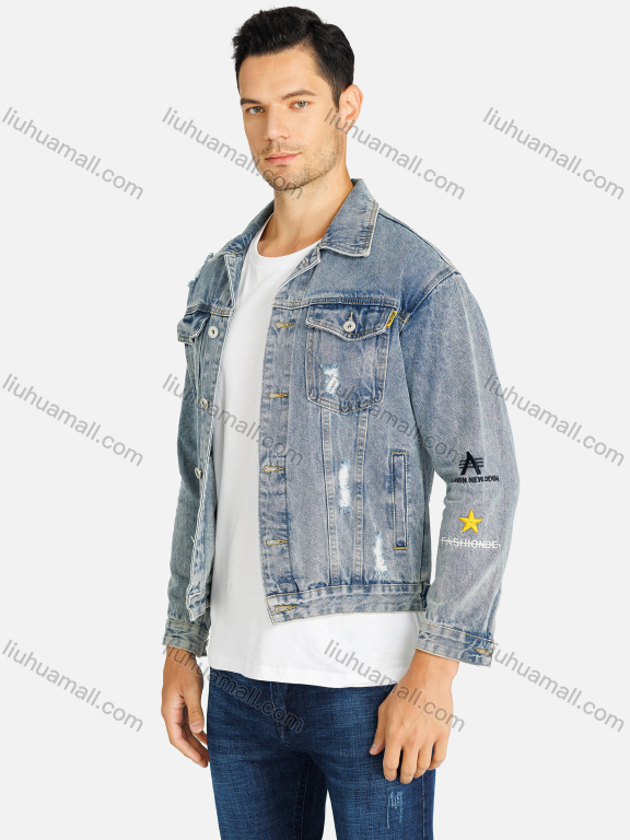 Wholesale Men's Fashion Plain Distressed Ribbed Flap Pockets Letter Embroidery Crop Denim Jacket