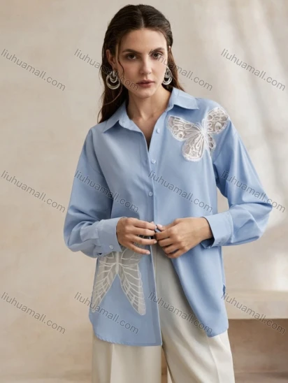 Wholesale Women's Light Blue Button-Up Shirt with Butterfly Lace Embroidery