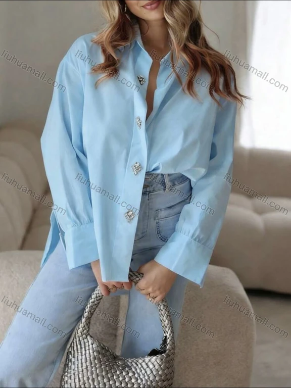 Wholesale Fashionable casual long-sleeve shirt with handmade rhinestone detailing, made of pure cotton
