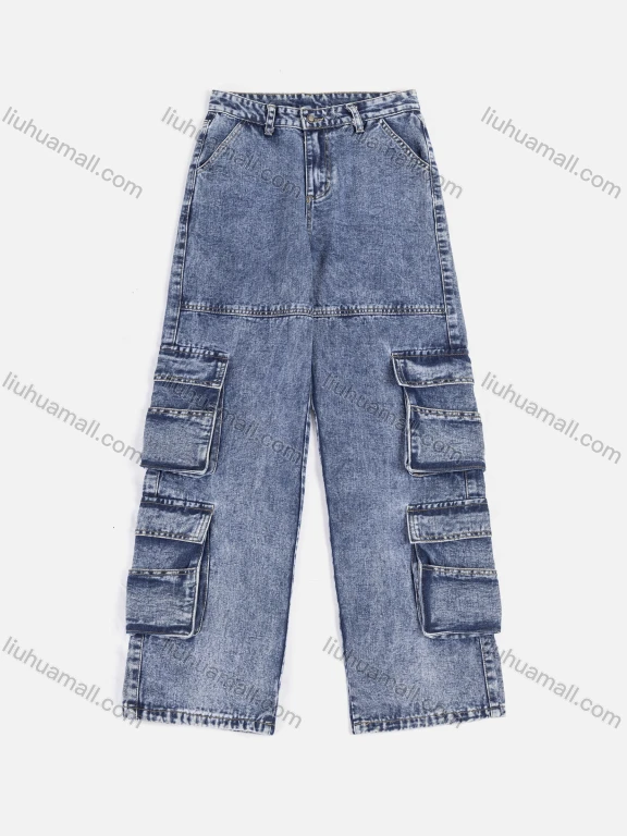 Wholesale Women's Casual Splicing Multiple Pockets Wash Long Jeans 7001#