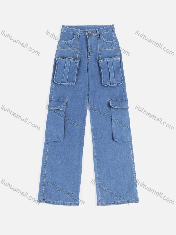 Wholesale Women's Casual Splicing Multiple Zipper Pockets Long Jeans 7002#