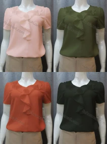 Wholesale Women's Casual Short Sleeve Round Neck Ruffle Trim Plain Tops FR2091#, LIUHUA CLOTHING WHOLESALE
