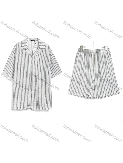 Wholesale Men's Casual Striped Short Sleeve Shirt and Shorts Set #6025