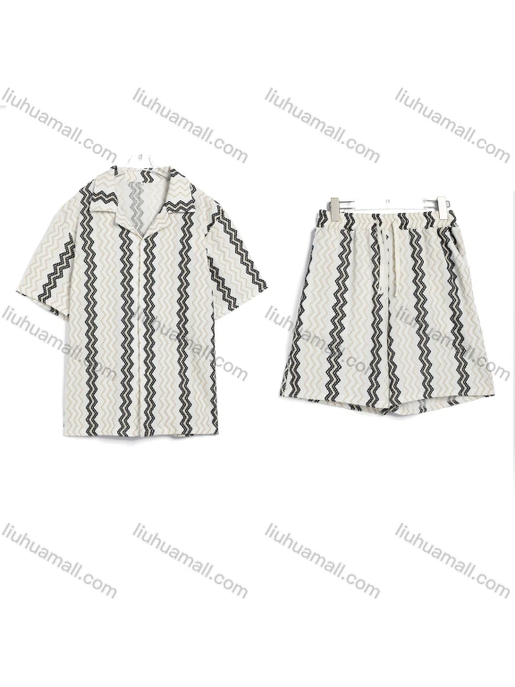 Wholesale Men's Casual Zigzag Textured Short Sleeve Shirt and Shorts Set #7382