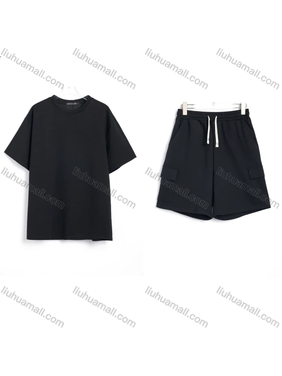 Wholesale Men's Casual Solid Short Sleeve T-Shirt and Drawstring Shorts Set #544