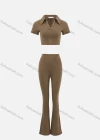 Wholesale Women's Casual Plain V Neck Crop Tops & Flare Leg Pants 2 Piece Set - Liuhuamall