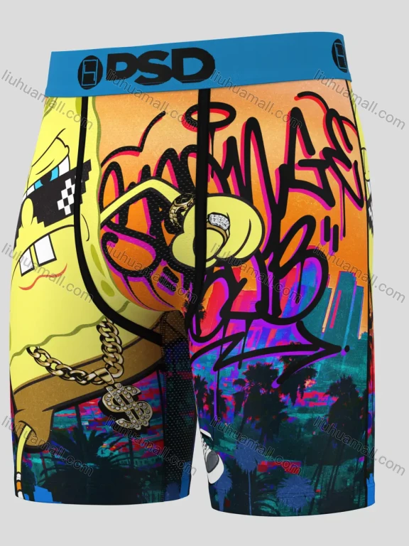 Wholesale SpongeBob Men's Underwear - Urban Graffiti Style, Yellow with Blue Waistband, Cartoon Character