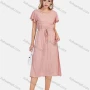 Wholesale Women's Casual Round Neck Ruffle Sleeve Striped Waist Drawstring Midi Dress preview