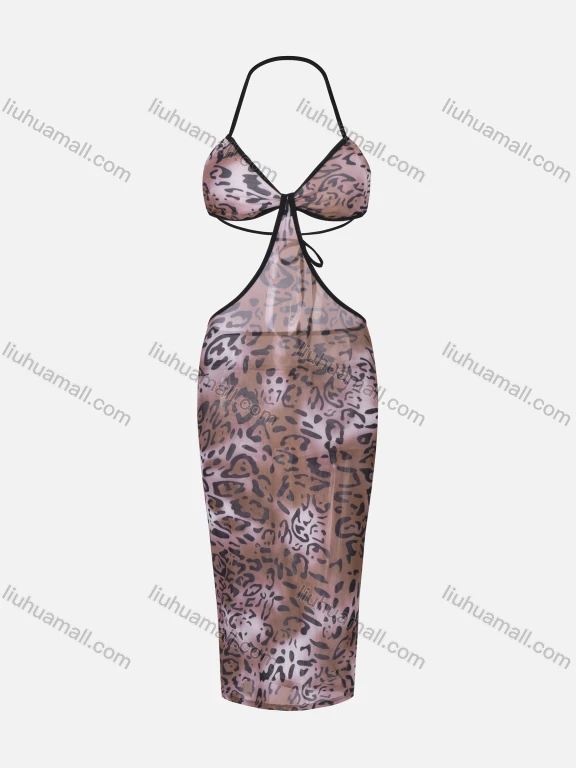 Wholesale Women's Sexy Halter Cutout Tie Back Open Back Leopard Print Bodycon Midi Dress