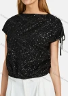 Wholesale Women's Bateau Neck Cap Sleeve Lace Up Sequin Plain Blouse - Liuhuamall