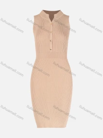 Wholesale Women's Casual Plain Notched Neck Button Front Bodycon Midi Dress, LIUHUA CLOTHING WHOLESALE