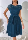 Wholesale Woman's Casual Short Sleeve Round Neck Bowknot Guipure Lace Pleated Swing Dress - Liuhuamall