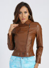 Wholesale Women's Fashion Lapel Collar Long Sleeve Zipper Pockets Plain Crop Leather Jacket - Liuhuamall