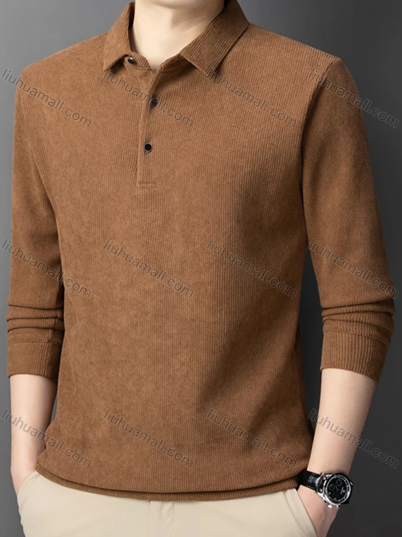 Wholesale Men's Casual Plain Button Front Long Sleeve Fleece Polo Shirt 2591# LIUHUA CLOTHING WHOLESALE