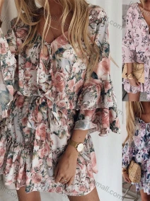 Wholesale Women's Sexy Floral Print Tie Neck Layered Sleeve Ruffle Hem Short Dress, LIUHUA CLOTHING WHOLESALE