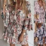 Wholesale Women's Sexy Floral Print Tie Neck Layered Sleeve Ruffle Hem Short Dress preview