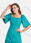 Wholesale Woman's Casual Square Neck Short Sleeve High Waist Ruffle Hem Short Plain Dress - Liuhuamall