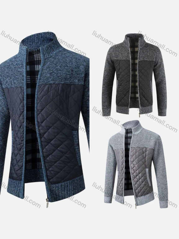Wholesale Men's Casual Stand Collar Stitching Zip Long Sleeve Sweater Knitted Quilted Jacket