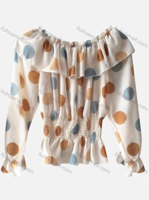 Wholesale Women's Chiffon Off Shoulder Poet Sleeve Ruffle Trim Polka Dot Blouse, LIUHUA CLOTHING WHOLESALE