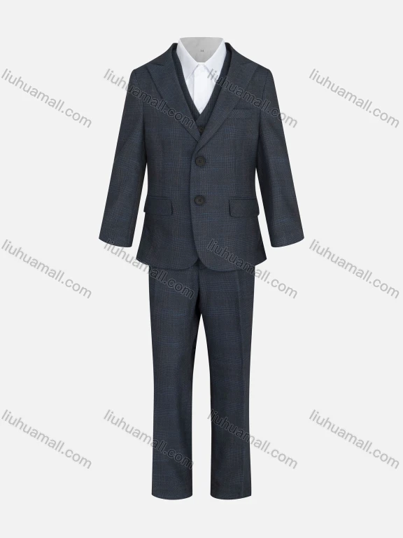 Wholesale Kid's Formal Lapel Pockets Plaid Print Single Breasted Blazer & Vest & Pant 3 Pieces Suit Set 31983-195#