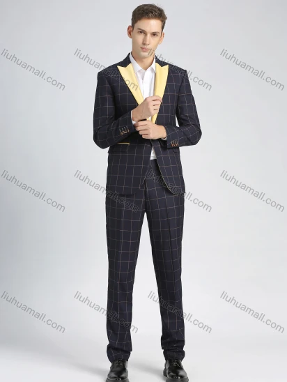 Wholesale Men's Formal Slim Fit Lapel Contrast Plaid Print Pockets Single Breasted Blazer & Trousers 2 Piece Sets