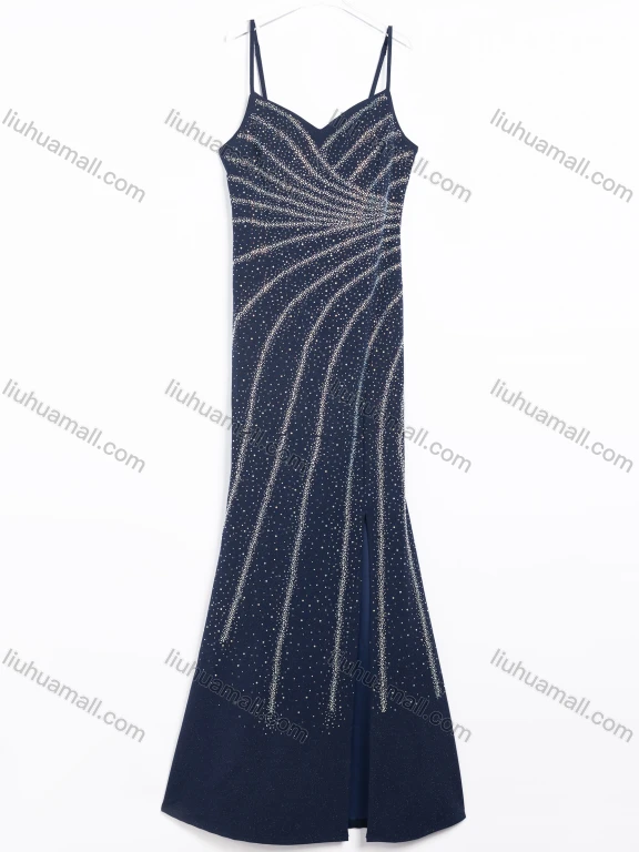 Wholesale Women's Evening Glamorous Rhinestone V-Neck Spaghetti Strap Bodycon Maxi Dress #25090