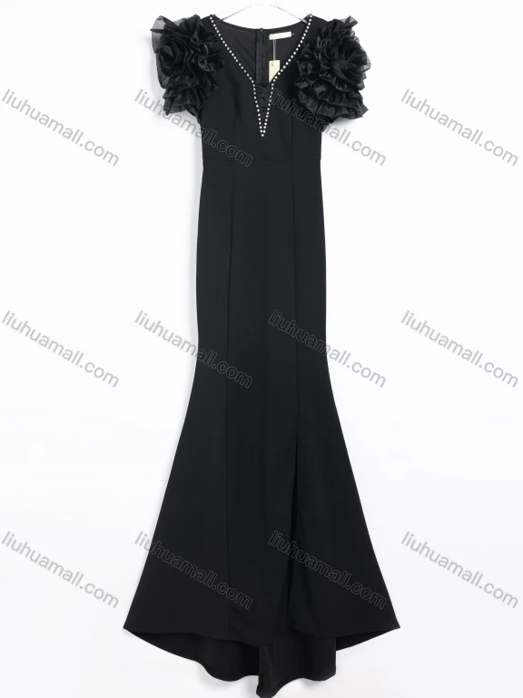 Wholesale Women's Evening Elegant Rhinestone V-Neck Floral Puff Sleeve Maxi Dress #241205