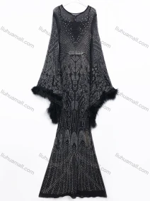 Wholesale Women's Evening Glamorous Rhinestone Feather Trim Bell Sleeve Maxi Dress #240910, LIUHUA CLOTHING WHOLESALE