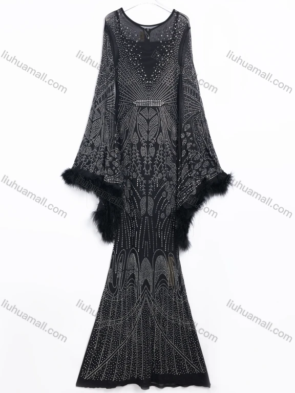 Wholesale Women's Evening Glamorous Rhinestone Feather Trim Bell Sleeve Maxi Dress #240910