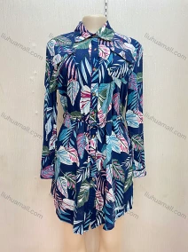 Wholesale Women's Long Sleeve Tropical Print Buttons Pockets Ruffle Detail Curved Hem Shirt Dress With Belt, LIUHUA CLOTHING WHOLESALE