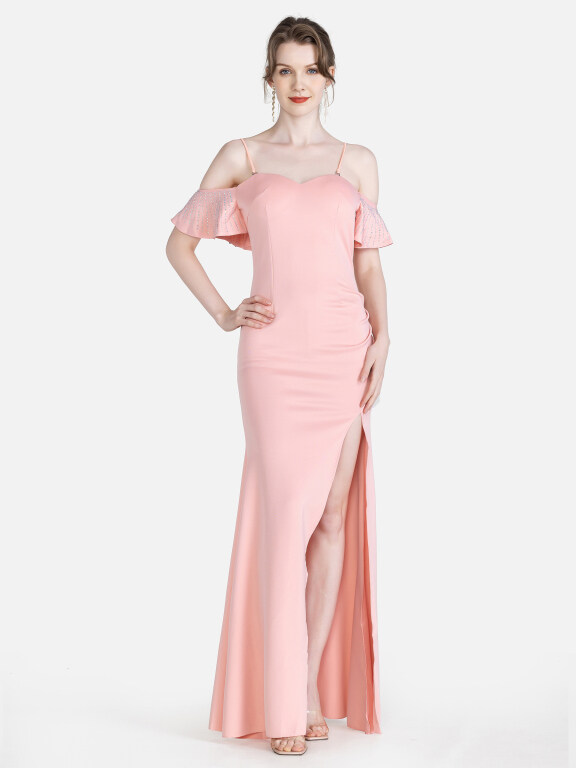 Women's Elegant Plain Cold Shoulder Split Thigh Ruffle Trim Rhinestone Cami Maxi Mermaid Evening Dress, Clothing Wholesale Market -LIUHUA, 