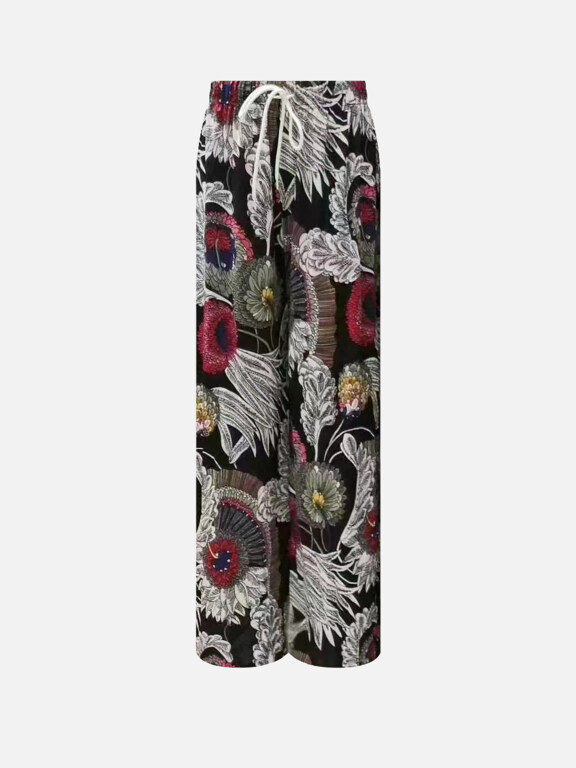 Women's Casual Loose Fit Drawstring High Waist Pattern Wide Leg Pants, Clothing Wholesale Market -LIUHUA, WOMEN, Bottoms