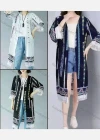 Wholesale Women's Linen Fringe Trim 3/4 Sleeve Boho Folkloric Style Midi Cardigan - Liuhuamall