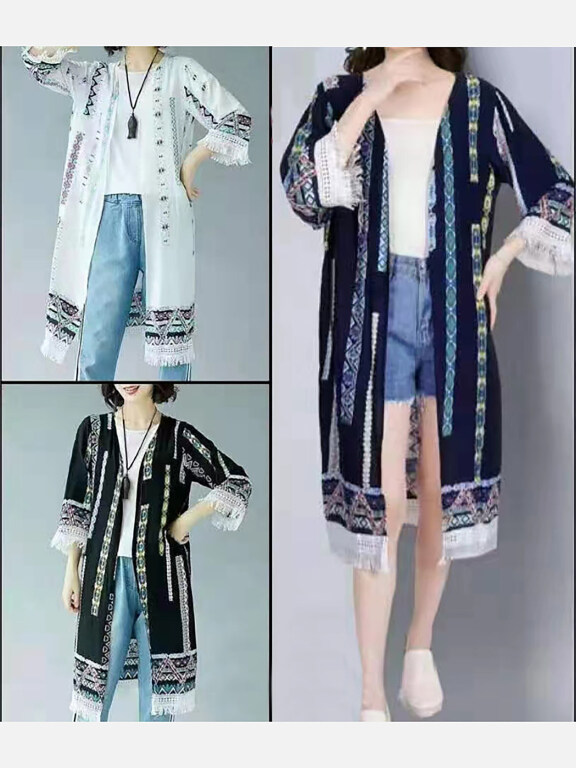 Women's Linen Fringe Trim 3/4 Sleeve Boho Folkloric Style Midi Cardigan, Clothing Wholesale Market -LIUHUA, Women, Women-s-Outerwear, Women-s-Jacket