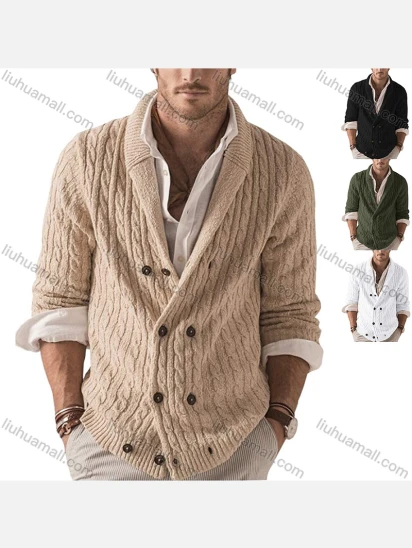 Wholesale Men's Casual Collared Double Breasted Plain Cable Knit Jackets