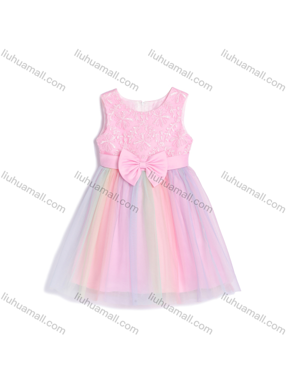 Wholesale Girls Sleeveless Bow Front Appliques Rainbow Lace Hem Flower Girl Dress