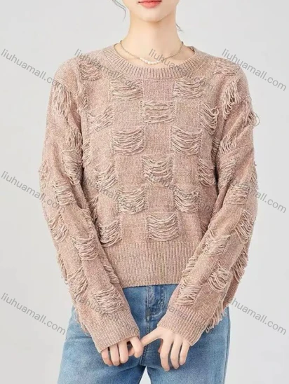 Wholesale Women's Casual Crew Neck Plain Ribbed Long Sleeve Ripped Sweater Top 328#