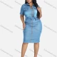 Wholesale Women's Lapel Lace Up Zipper Closure Flap Pockets Denim Dress Light Blue Clothing Wholesale Market Liuhua