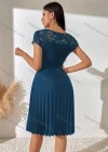 Wholesale Woman's Casual Short Sleeve Round Neck Bowknot Guipure Lace Pleated Swing Dress - Liuhuamall