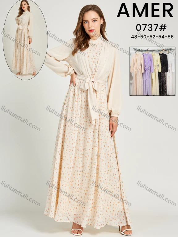 Wholesale Women's Chiffon Mock Neck Floral Print Two In One Maxi Dress With Belt 0737#