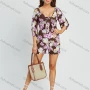 Wholesale Women's Casual Floral Print Tie Neck 3/4 Sleeve Cut Out Back Short Romper preview