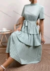Wholesale Women's Casual Plain Mock Neck Short Sleeve Pleated Layered Hem Midi Dress With Belt - Liuhuamall