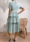 Wholesale Women's Casual Plain Mock Neck Short Sleeve Pleated Layered Hem Midi Dress With Belt - Liuhuamall