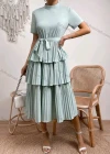 Wholesale Women's Casual Plain Mock Neck Short Sleeve Pleated Layered Hem Midi Dress With Belt - Liuhuamall