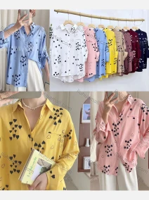 Wholesale Women's Collared Loose Fit Heart Print Fake Pocket Long Sleeve Shirt 2632#, LIUHUA CLOTHING WHOLESALE