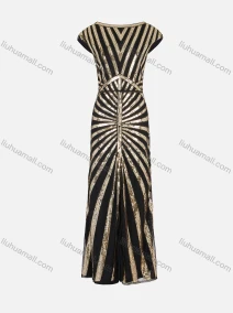 Wholesale Women's Elegant Short Sleeve Back V Neck Mesh Sequin Maxi Ballgown 3012#, LIUHUA CLOTHING WHOLESALE