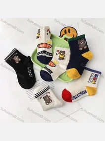 Wholesale Boys Cute Bear Letter Graphic Colorblock Crew Ankle Socks, LIUHUA CLOTHING WHOLESALE