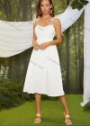 Wholesale Women's Spaghetti Strap Lace Up Ruffle Hem Plain Knee Length Cami Dress AY229# - Liuhuamall