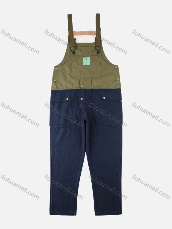 Wholesale Men's Splicing Suspenders American Colorblock Multiple Pockets Loose Fashion Cargo Denim Overalls
