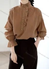 Wholesale Women's Elegant Ruffle Neck Poet Sleeve Button Front Ruffle Trim Plain Blouse 799163# - Liuhuamall